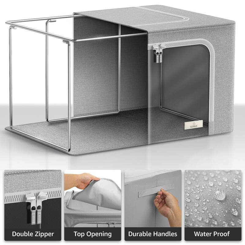 Sorbus Storage Bins with Metal Frame Stackable Foldable Clothes Organizer Bags Oxford Fabric With Clear Window & Handles- 4Pk