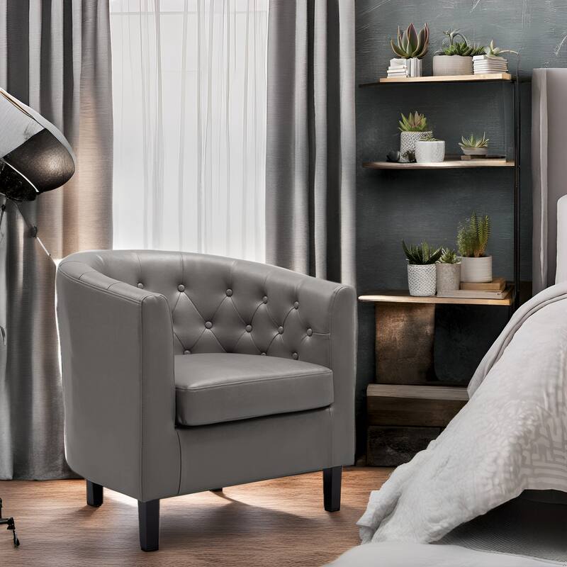 Accent Chair, Button Tufted Faux Leather Barrel Chair, Midcentury Modern Accent Chair, Comfy Armchair, Tub Barrel Chairs