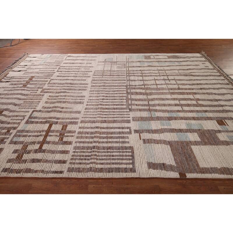 Earth Tone Moroccan Modern Area Rug Hand-Knotted Stripe Wool Carpet - 8'9" x 12'4"
