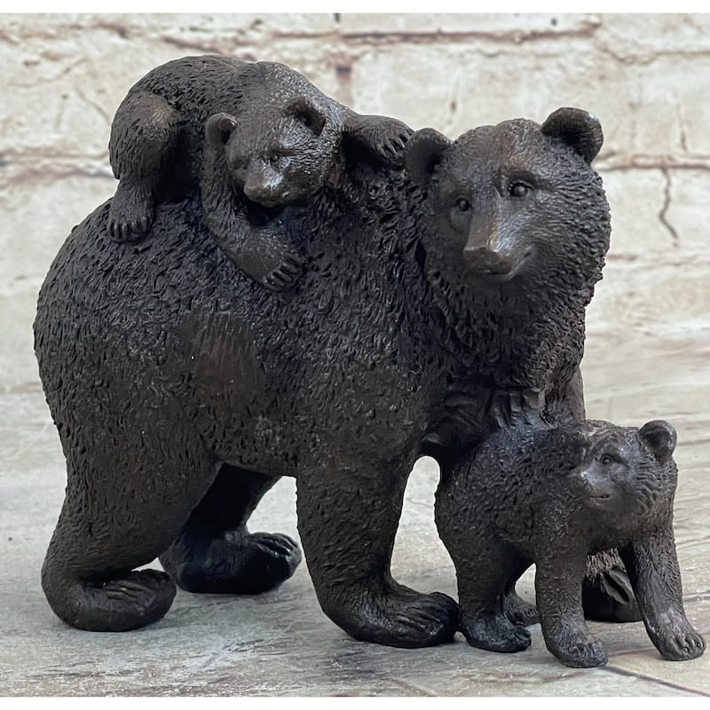 Signed Original Happy Grizzly Bear Family Bronze Sculpture Art Deco Figure Decor