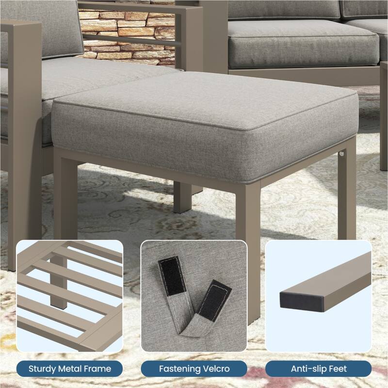 Set of 2, 22" Metal Patio Ottomans Beige Cushions & Khaki Frame