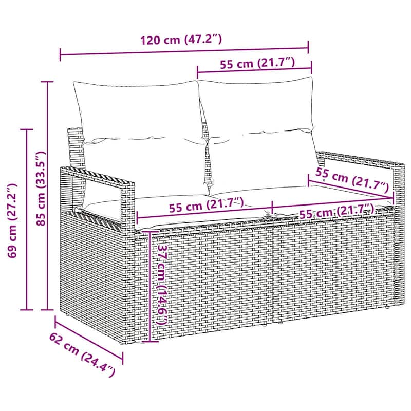 vidaXL 7/8 Garden Sofa Set with Cushions Black/Brown/Grey Poly Rattan - 113 x 48 x 27.2