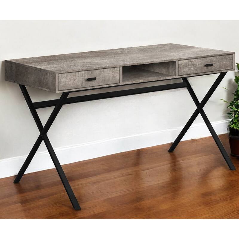 Taupe Wood Computer Desk with 2 Drawers and Black Metal Base