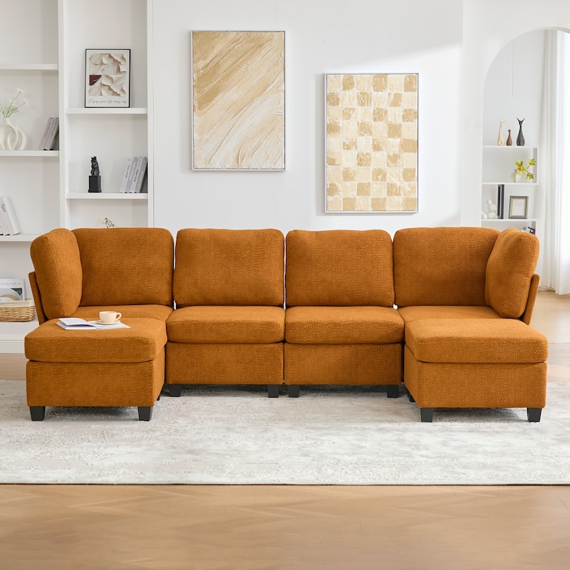 HOMEFUN 6-Seat Polyester Upholstered U-Shaped Modular Storage Sleeper Sectional Sofa with Storage Ottoman - Orange