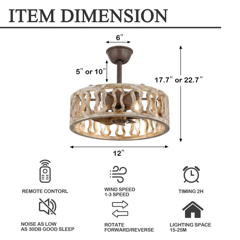 18" Oaks Aura Farmhouse Distressed Wood Caged Ceiling Fan with Lights, 6-Speed Silent Shabby Chic Bladeless Ceiling Fan