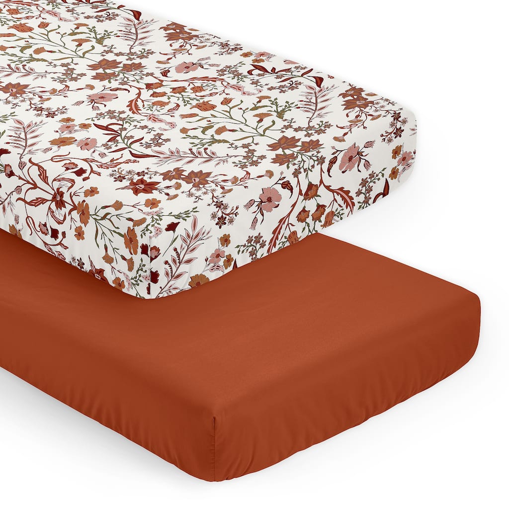 Sweet Jojo Designs Ivory & Orange Boho Vintage Floral Girl 2 Pack Fitted Crib Sheets -Solid Rust & Bohemian Wildflower Botanical