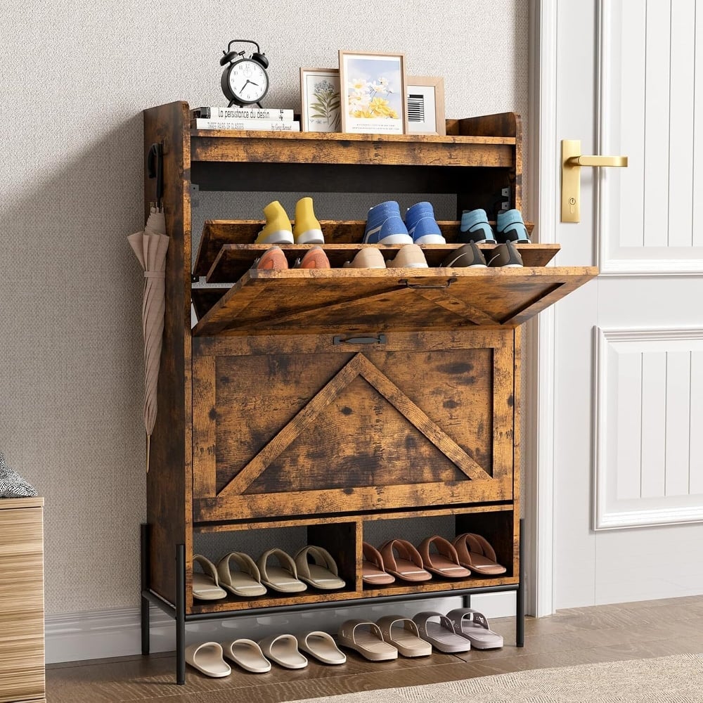 Shoe Cabinet with 2 Flip Drawers and Open Shelves