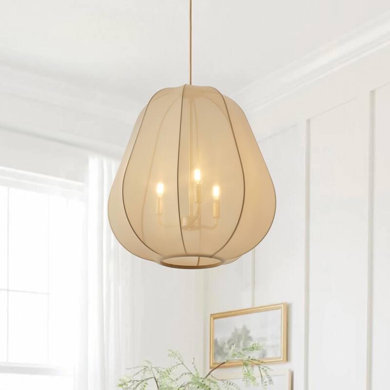 Beige 3-Light Elastic Fabric Shade Pendant Lighting Fixture for Boho Decor