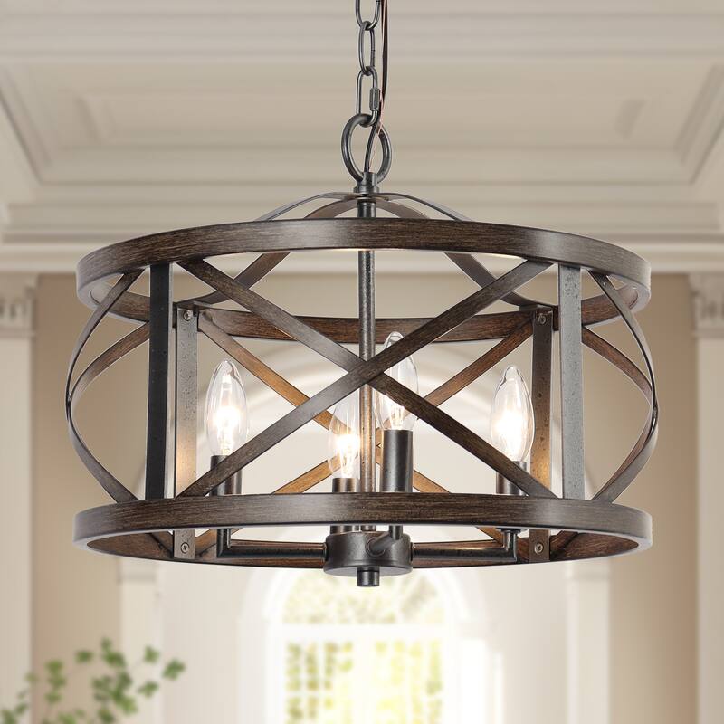 Modern Farmhouse 4-Light Drum Chandelier Wood Grain Lights for Dining Room - D15.5" x H76"