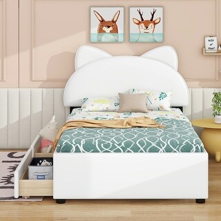 Twin Size Upholstered Platform Bed with Cartoon Ears Shaped Headboard and Drawers