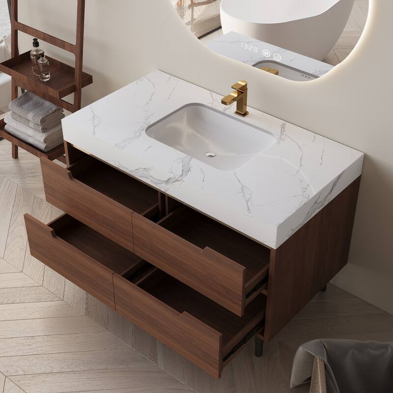 GDFStudio - Luxury 35.4" Versatile Floating/Freestanding Sintered Stone Bathroom Vanity with Ceramic Sink & Soft-Close Drawers