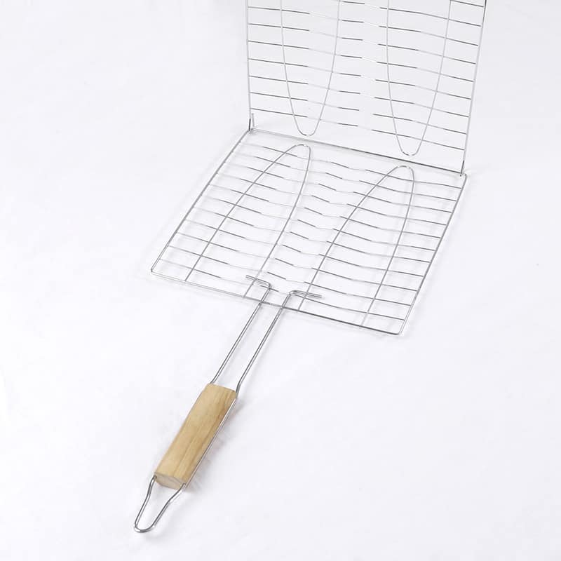 Wooden Handle Metal Mesh Fish Meat Barbecue Grill Grilling Folder Clip Clamp - 19" x 9.3" x 0.6"(L*W*T)