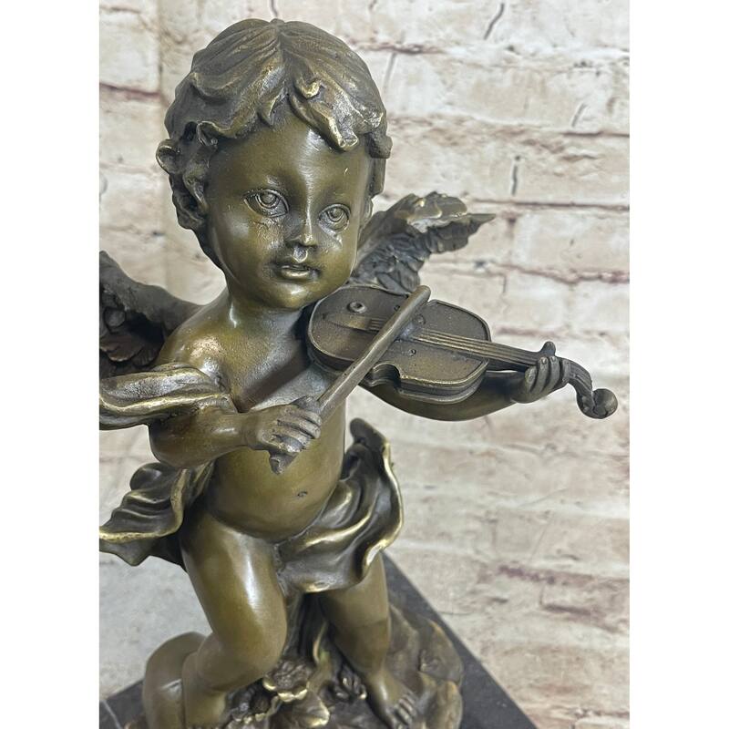 Cherub Child Angel Playing Violin Bronze Metal Statue Sculpture Memorial Decor Marble Base