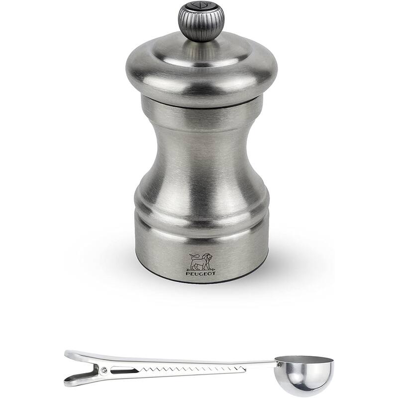 Peugeot Bistro Chef Manual Pepper Mill Gift Set Stainless Steel 10 cm - 4in - With Stainless Steel Spice Scoop/Bag Clip - Silver - 2 Piece