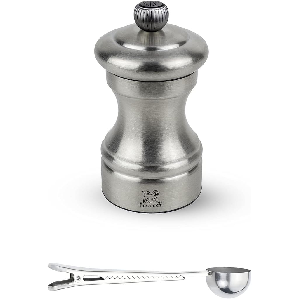 Peugeot Bistro Chef Manual Pepper Mill Gift Set Stainless Steel 10 cm - 4in - With Stainless Steel Spice Scoop/Bag Clip