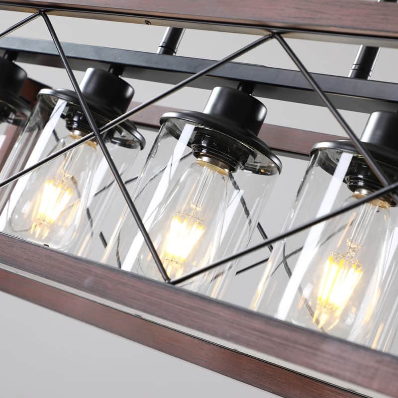 32-Inch Industrial Farmhouse Pendant Light in Red Wood - Five-Light Rectangular Chandelier with Fabric Lampshades(No Bulbs)
