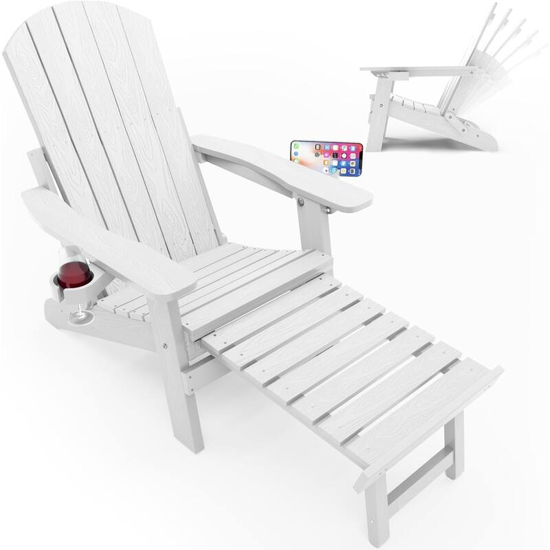 WINSOON All Weather HIPS Folding Adirondack Chair with Adjustable Backrest and Retractable Ottoman - White