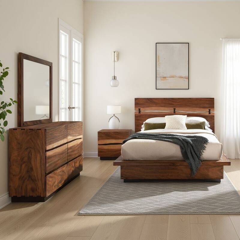Zeko 4pc Queen Bedroom Set, Plinth Base, Live Edge, Smoky Walnut Brown