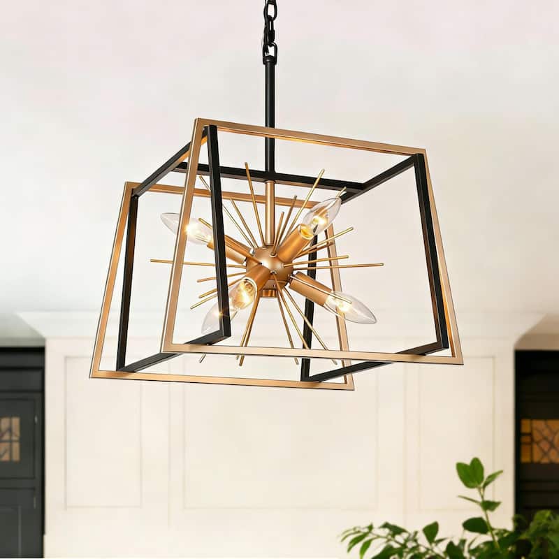Modern Farmhouse 6-Light Black Gold Sputnik Chandelier Geometric Island Lights for Kitchen
