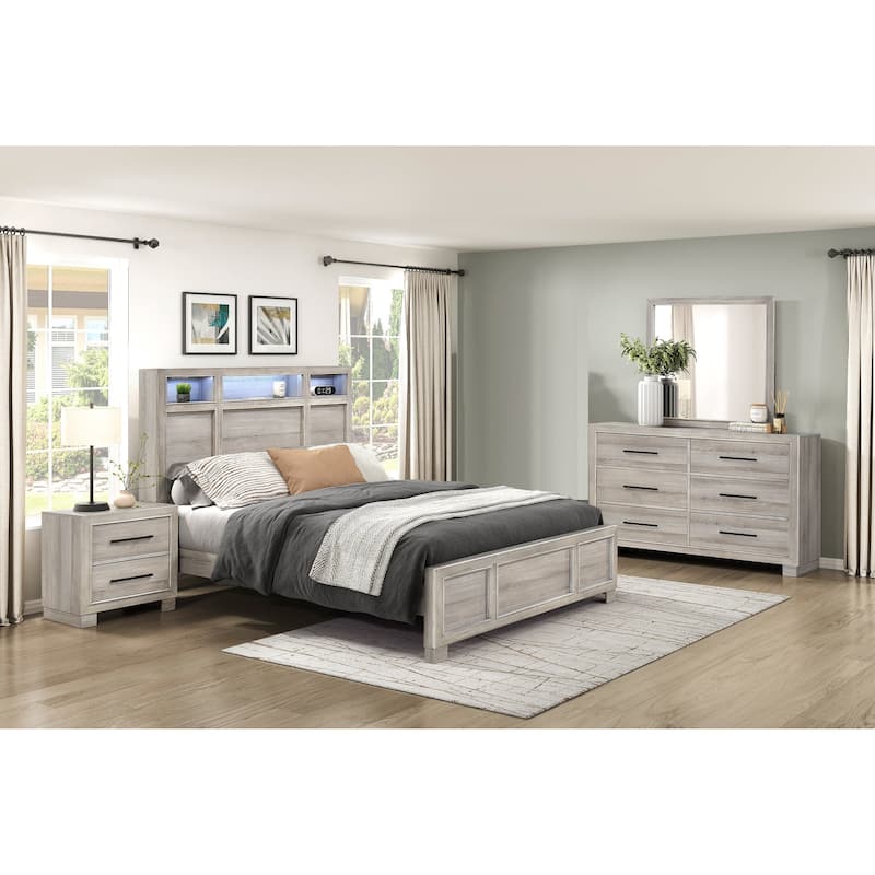 Modern Furniture Bedroom Set Gray Finish Bed Nightstand Dresser Mirror