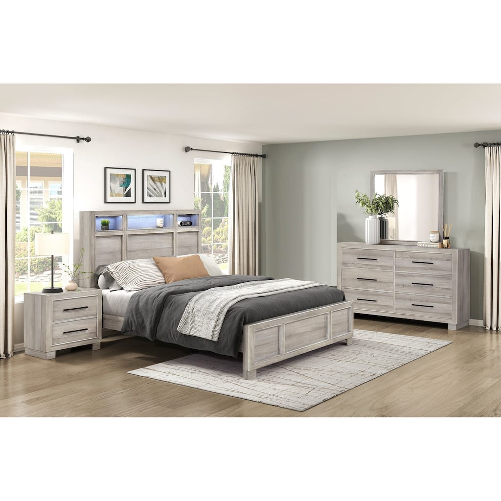 Modern Furniture Bedroom Set Gray Finish Bed Nightstand Dresser Mirror