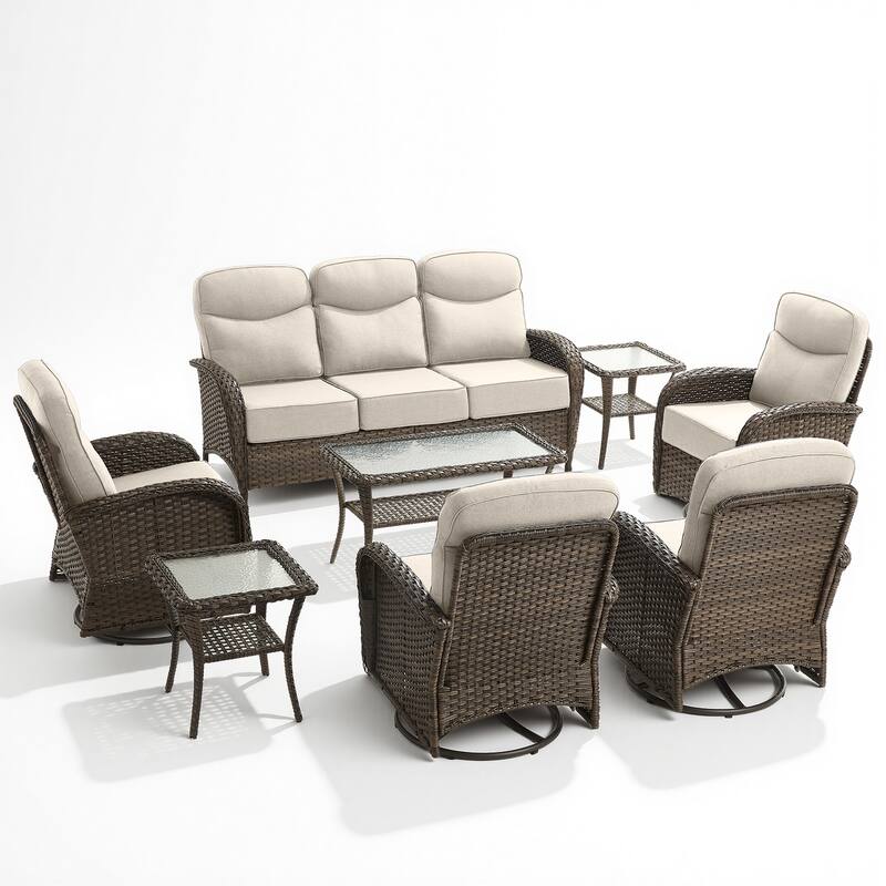 Pocassy Outdoor Wicker Patio Sofa with Swivel Chair Ottoman Sets