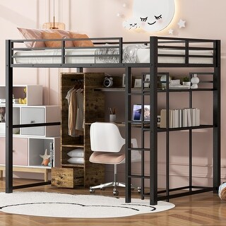 Black Full Metal Loft Bed with Built-in Wardrobe & Desk