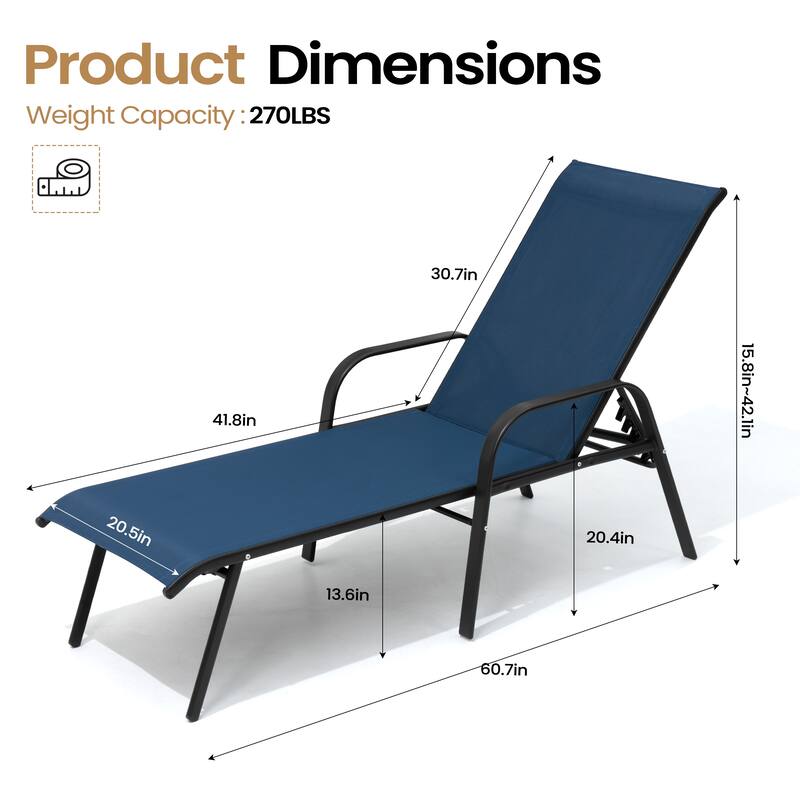 Outdoor Patio Adjustable Back Chaise Lounges Chairs with Arms(Set of 2 )
