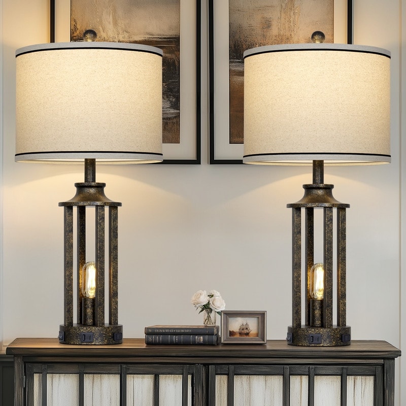 Set of 2 Industrial Table Lamps, 27.5-Inch with Dual Lighting, USB-C Port & AC Outlet - 12.5'' x 12.5'' x 27.5''