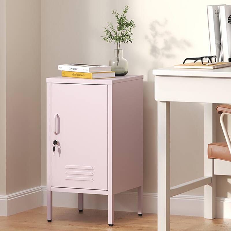 Single Door Lockable Metal End Table,Modern Minimalist Room Side Table with 2 Adjustable Shelf,Multi Storage Cabinet