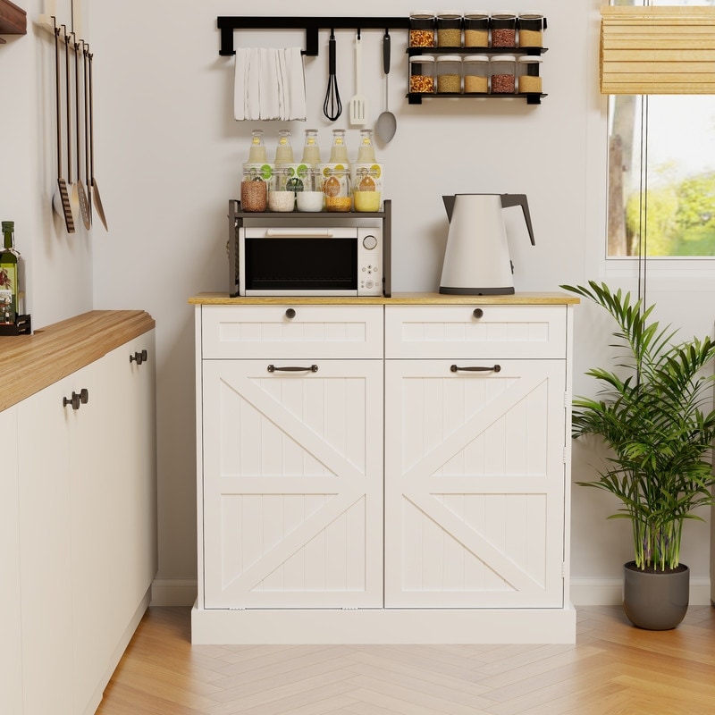 White Kitchen Trash Can Storage Cabinet with Drawers and Shelves