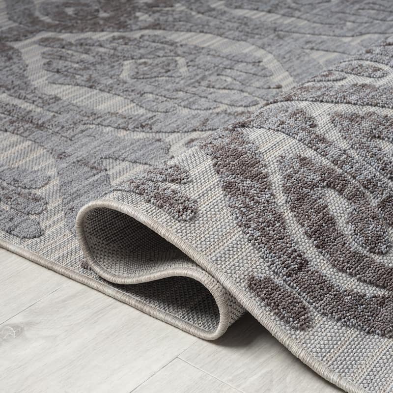 Sevita Blue/Gray Damask PET Yarn Indoor/Outdoor Area Rug