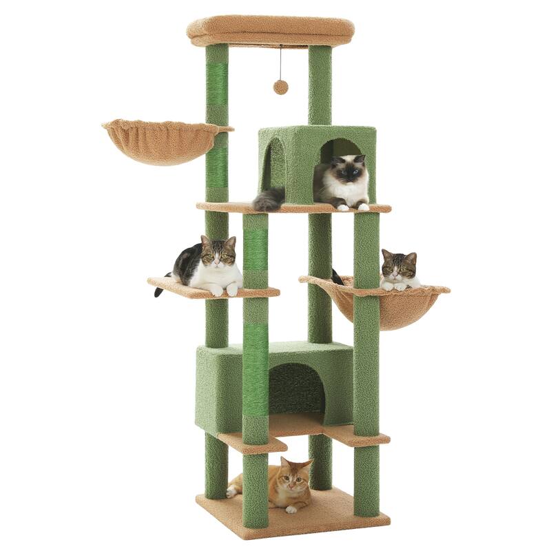 66" Cat Tree, Cat Tower with Sisal-Covered Scratching Post, Super Large Metal Hammock and 2 Big Condos - Green