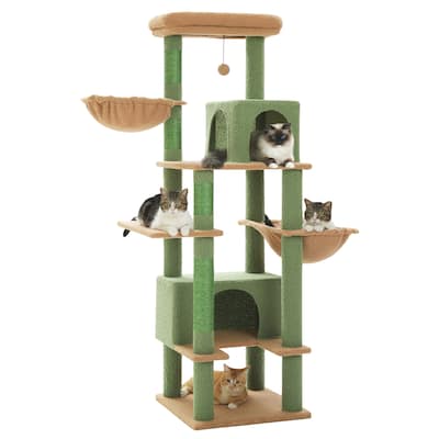 66" Cat Tree, Cat Tower with Sisal-Covered Scratching Post, Super Large Metal Hammock and 2 Big Condos