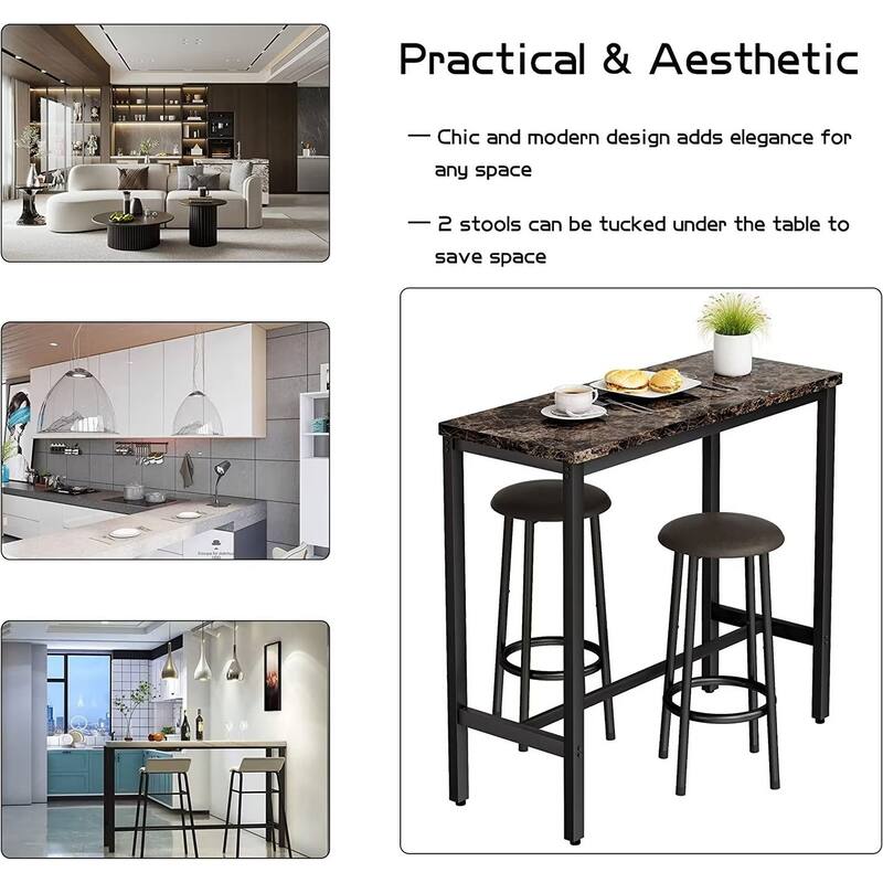 3 Piece Kitchen Pub Dining Set, Modern Faux Marble Counter Height Bistro Bar Table Set with 2 PU Leather Bar Stools