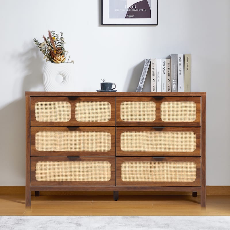 Wooden Rattan Woven 6-Drawer Storage Dresser Cabinet - Brown