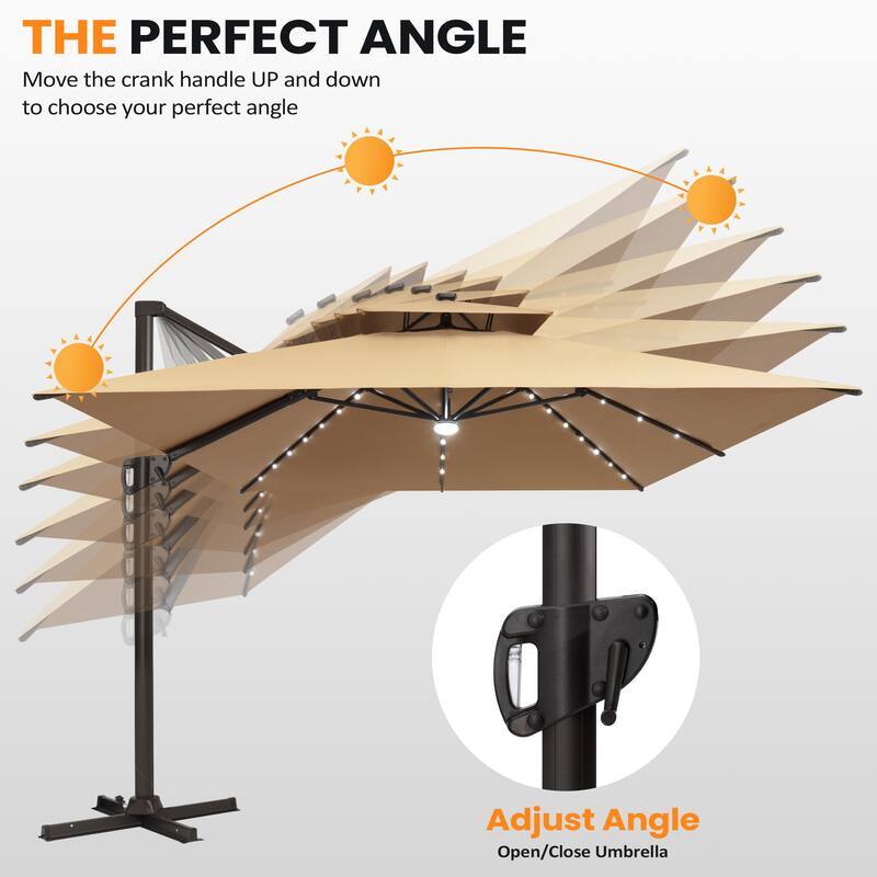 10X13 FT Outdoor Cantilever Patio Umbrella Solar LED Light with Weights Base