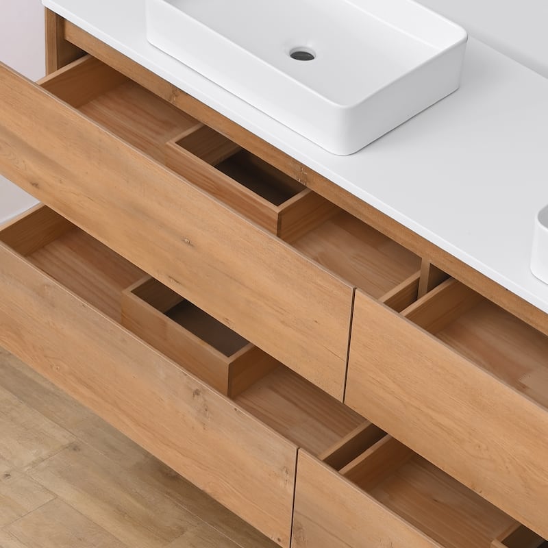 Sylphar 72 inch Toffee Oak Floating Bathroom Vanity with White Quartz Top