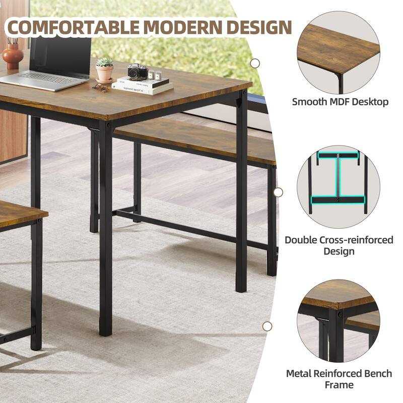 4-6 Person Dining Set with Faux Marble Top, PU Leather Benches and Storage Shelf
