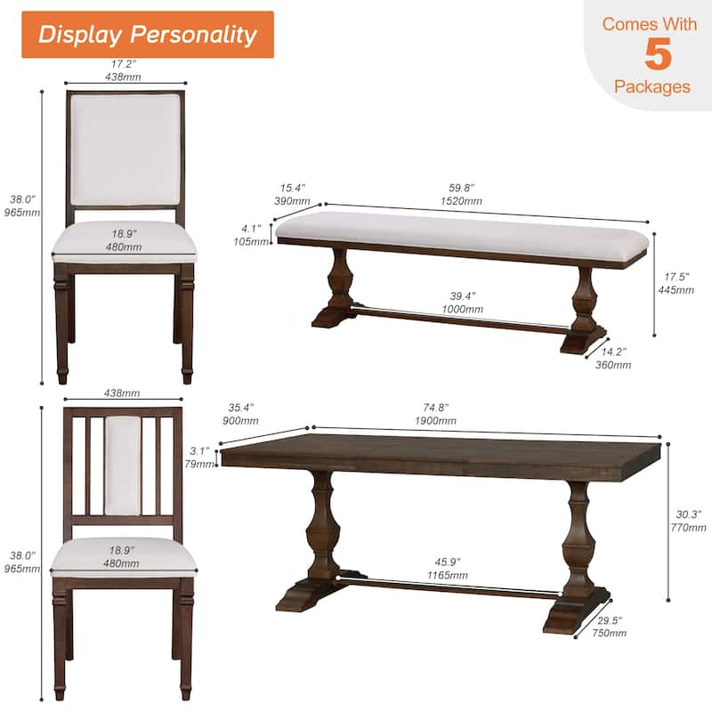 6-pieces Farmhouse Dining Table for 6, 74.8" Kitchen Table Set with 4 Chairs and Bench, Solid Wood Legs and Cushion Seat