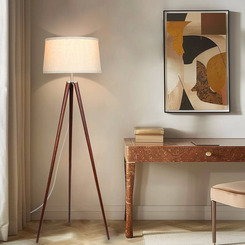Brightech Emma 61 in. Mid-Century Modern LED Super Bright Floor Lamp with Beige Fabric Drum Shade