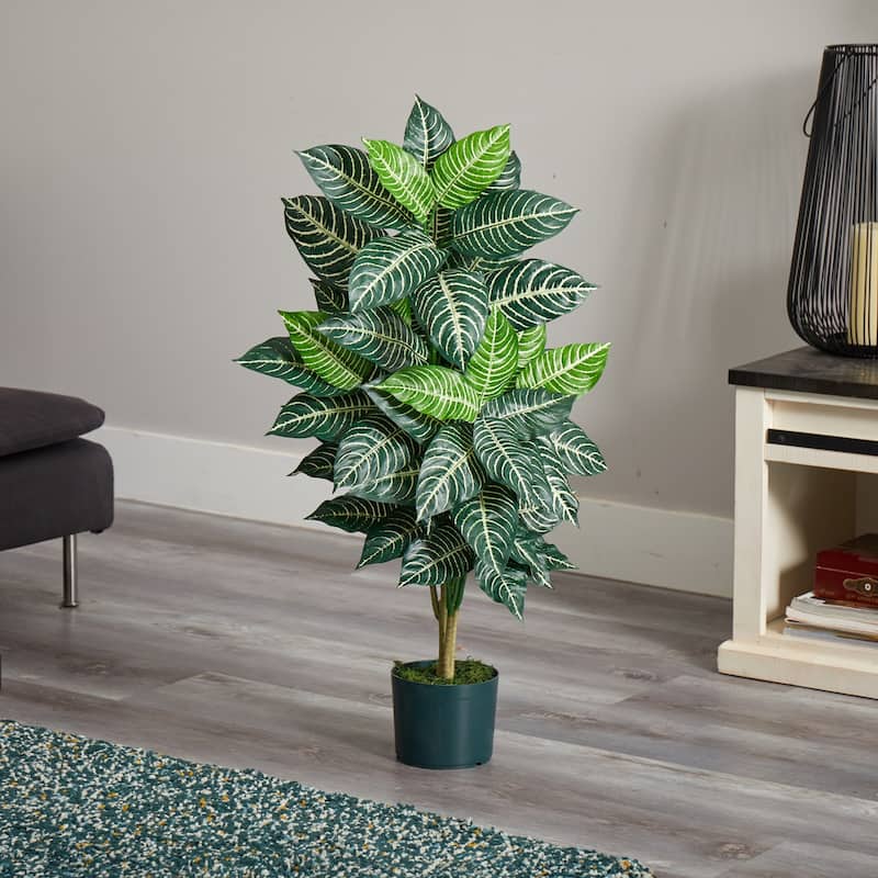Zebra Silk Plant 3ft - Tropical Floor Plant Decor, Realistic Faux Plant, Indoor Greenery, Easy Care Home Accent - 3ft.