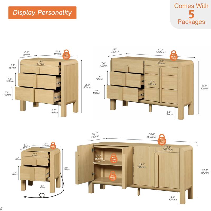 5 Pcs Wood Dresser and Nightstand Sets for Bedroom，Mid-Century Modern Bedroom Set with Curved Profile Design