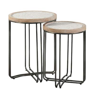 Porch & Den Larrabee Woven Rattan/ Wood Removable Top Round Metal Nesting Table (Set of 2)