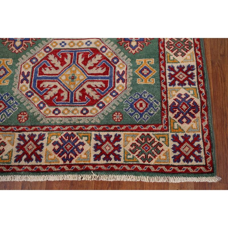 Traditional Green Kazak Accent Rug Hand-Knotted Wool Carpet - 3'5" x 4'11"