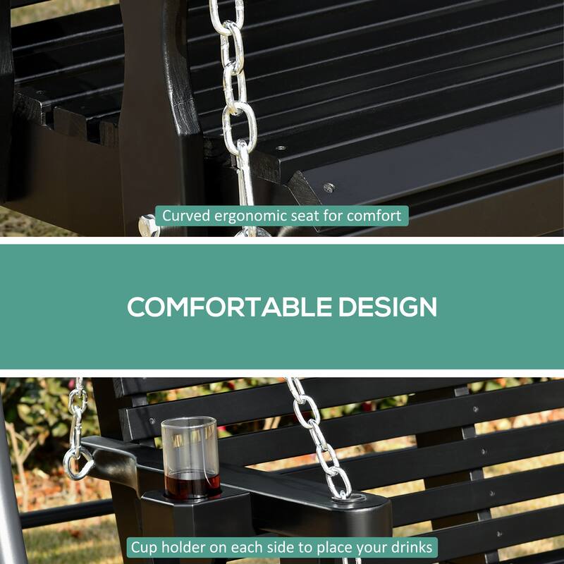 Outsunny 2-Person Outdoor Porch Swing Bench with 2 Built-In Cup Holders, Slatted Design, & Chains Included