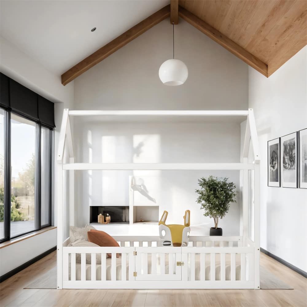 Twin Size Wood House Bed with Fence and Door,Roof