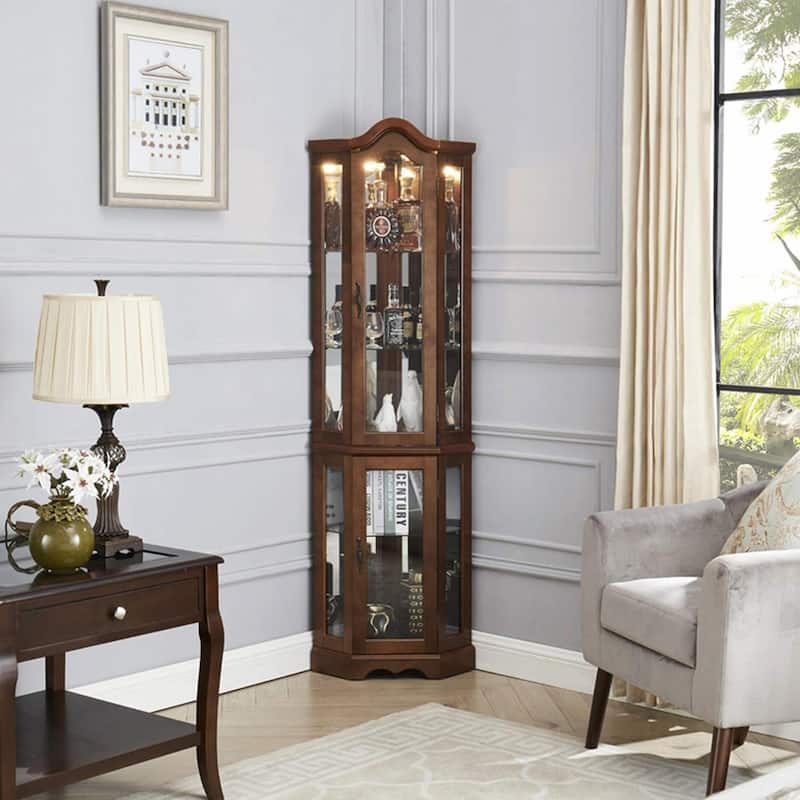 Corner Curio Cabinet with Lights, Adjustable Glass Shelves, Mirrored Back