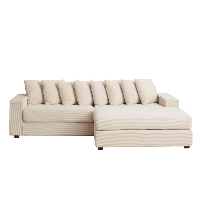 104" Corduroy L-Shaped Sectional Sofa with Ottoman Included, 8 Pillows and Armrest Storage