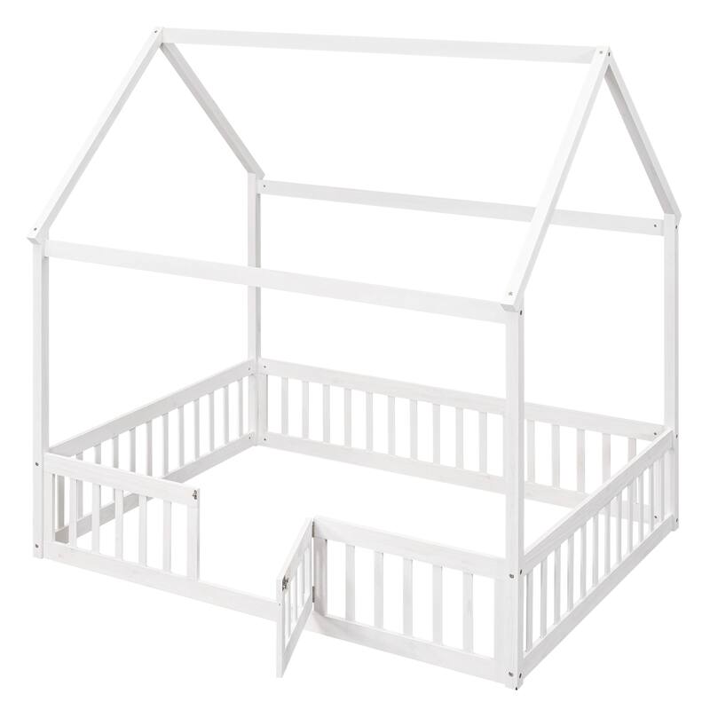 Pine House Floor Bed with Door, Fence & Roof